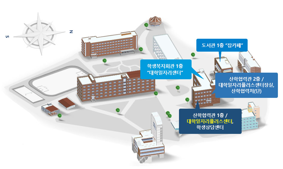 도서관 1층 잡카페, 학생복지회관 1층 대학일자리센터 지도