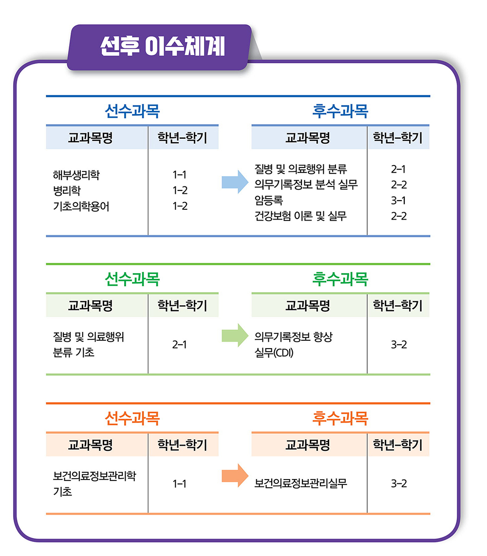 선후 이수체계
							선수과목에서
							교과목명 해부생리학에 학년-학기는 1-1
							교과목명 병리학에 학년-학기는 1-2
							교과목명 기초의학용어의 학년 학기는 1-2 이고
							후수과목에서
							교과목명 질병 및 의료행위 분류의 학년-학기는 2-1
							교과목명 의무기록정보 분석 실무의 학년-학기는 2-2
							교과목명 암등록의 학년-학기는 3-1
							교과목명 건강보험 이론 및 실무의 학년-학기는 2-2이다

							선수과목에서
							교과목명 질병 및 의료행위 분류 기초의 학년-학기는 2-1이고
							후수과목 교과목명 의무기록정보 향상 실무(CDI)의 학년-학기는 3-2이다

							선수과목 교과목명 보건의료정보관리학 기초의 학년-학기는 1-1이고
							후수과목 교과목명 보건의료정보관리실무의 학년-학기는 3-2이다